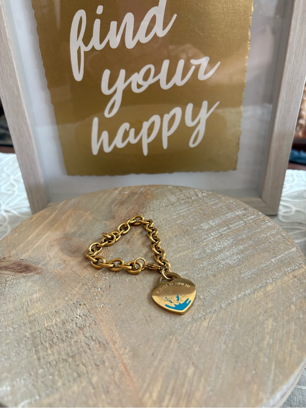 925 Heart Tag Link Bracelet Gold Tone 7” Blue Accent